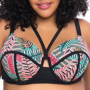 Boutique Plus Black Multicolor Tropical Leaf Print Push Up Underwire Swim Top 2X